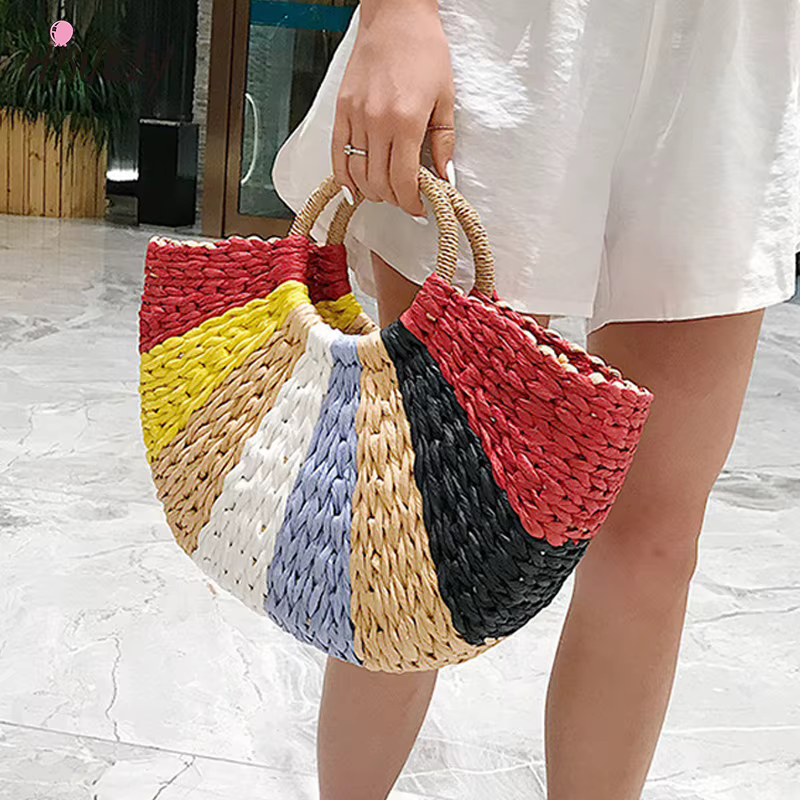 Sac à main coloré pour femme en rotin et paille tressée, sac demi-lune grande capacité, sac de voyage décontracté pour femme, sacs à la mode