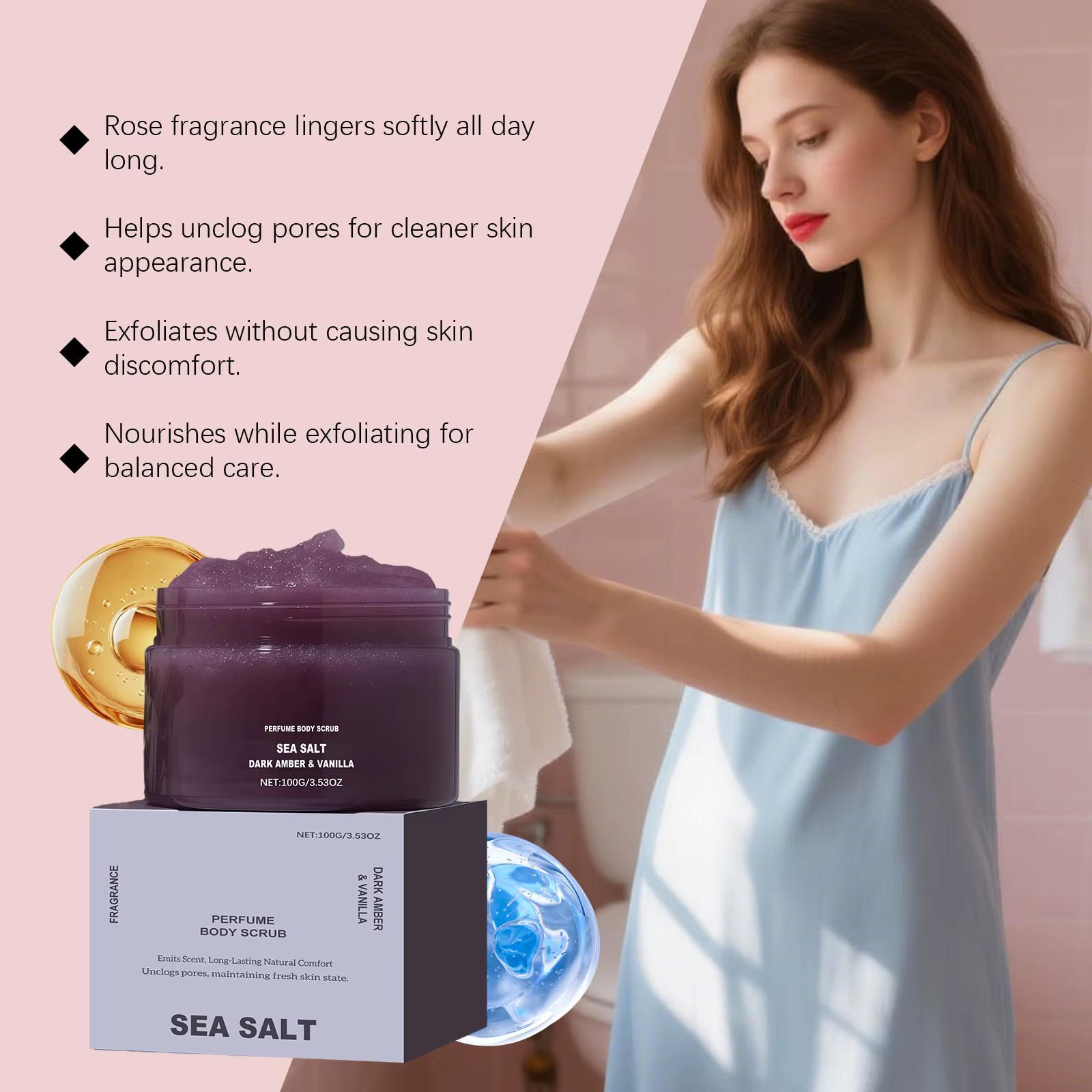 Parfum gommage corporel hydratant lissant peau exfoliant naturel sel Rose corail ambre vanille