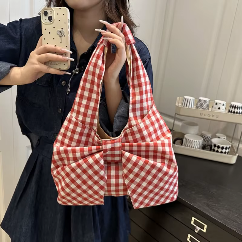 Sac à main chic à carreaux, sac à bandoulière avec nœud surdimensionné, sac sous le bras, sac fourre-tout en toile pour femme, sac à main décontracté pour les sorties
