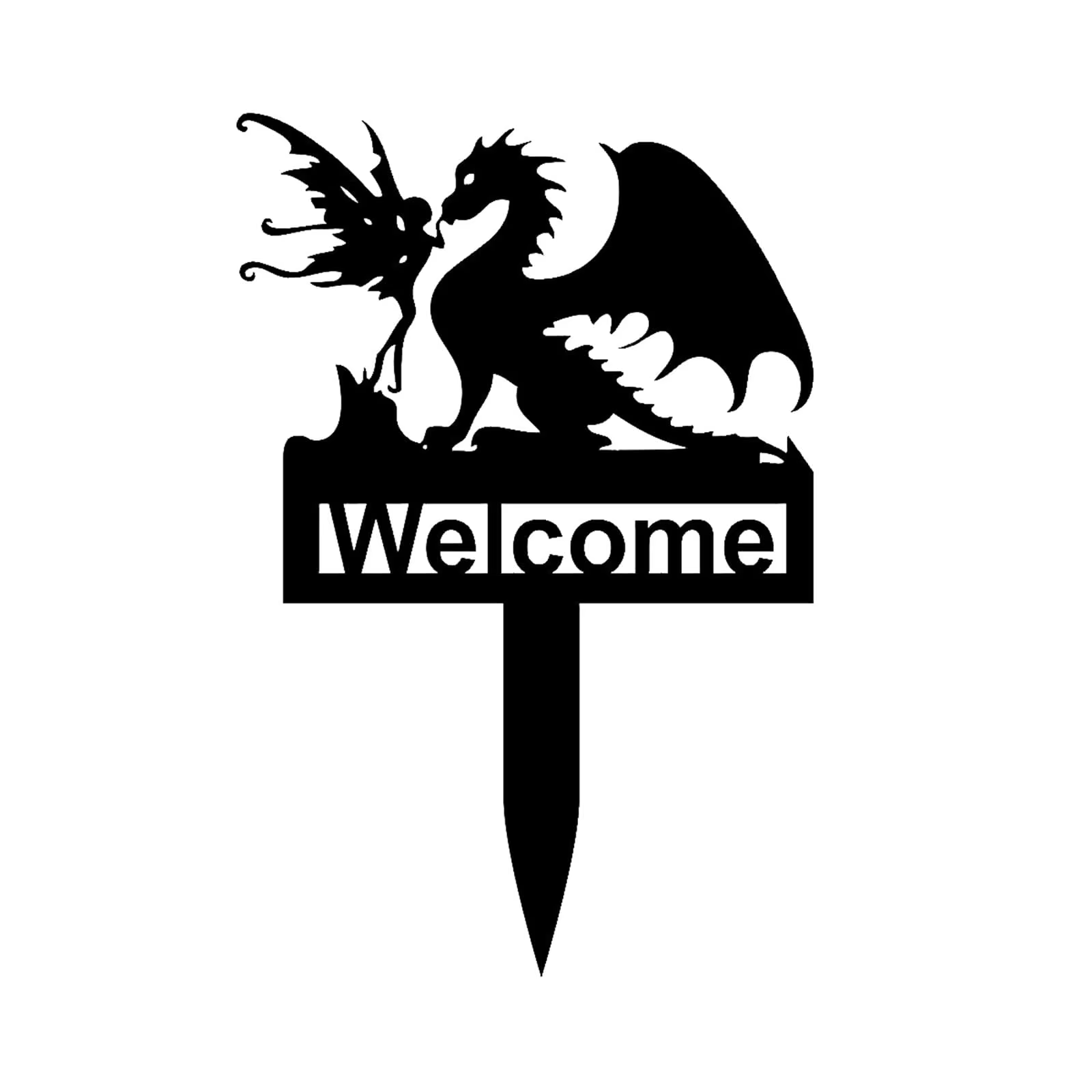 Logo de bienvenue de jardin de dinosaure d'elfe, logo de jardin de dinosaure en métal, décoration d'horticulture de pelouse