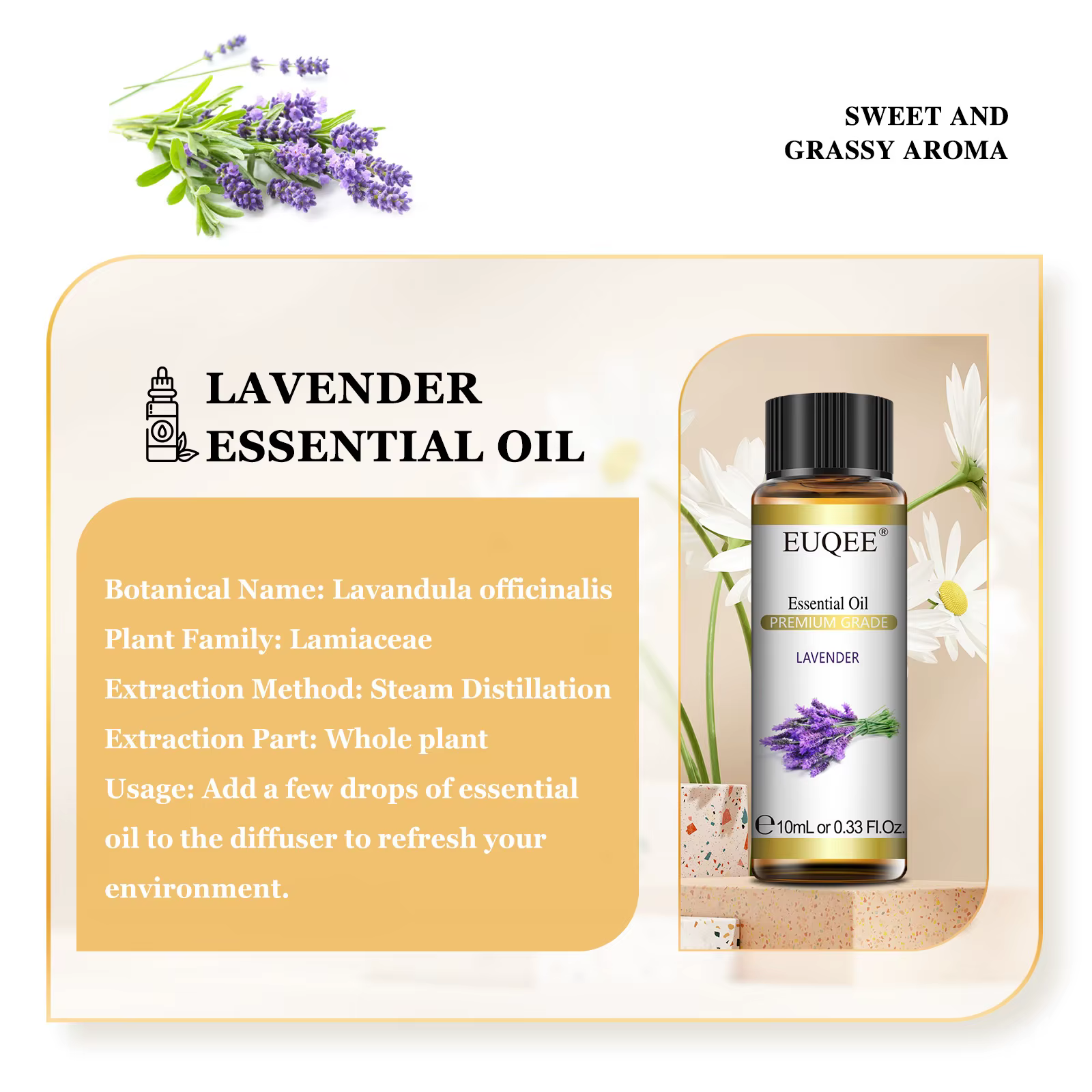 EUQEE 10ml Huile Essentielle Naturelle Pure Lavande Jasmin Eucalyptus Vanille Bois de Sandal Orange Citron Oregano Rose