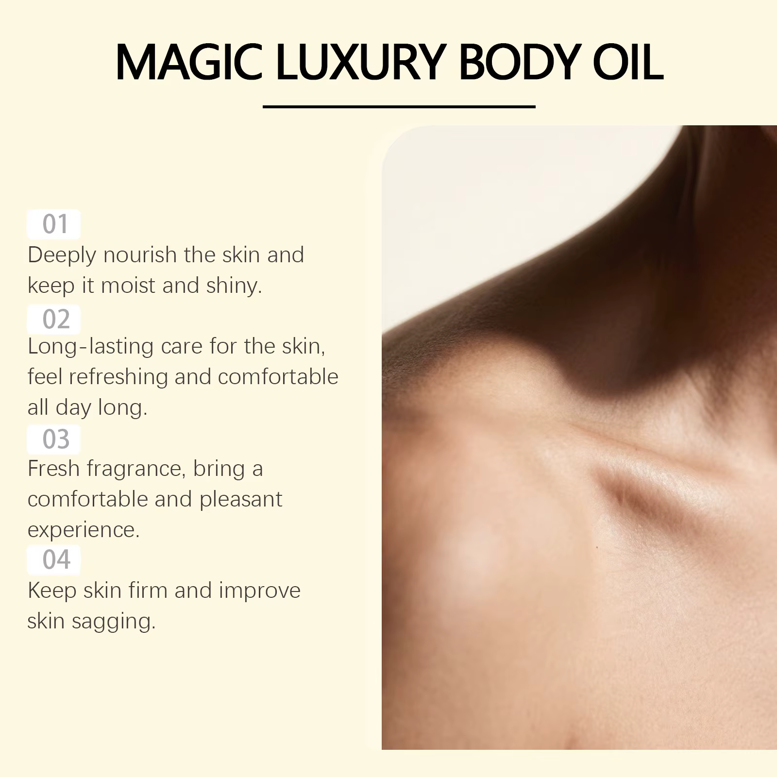 Huile Corporelle Luxe Magique Hydratation Profonde Peau Éclatante Lissante Raffermissante Éclaircissante Améliore le