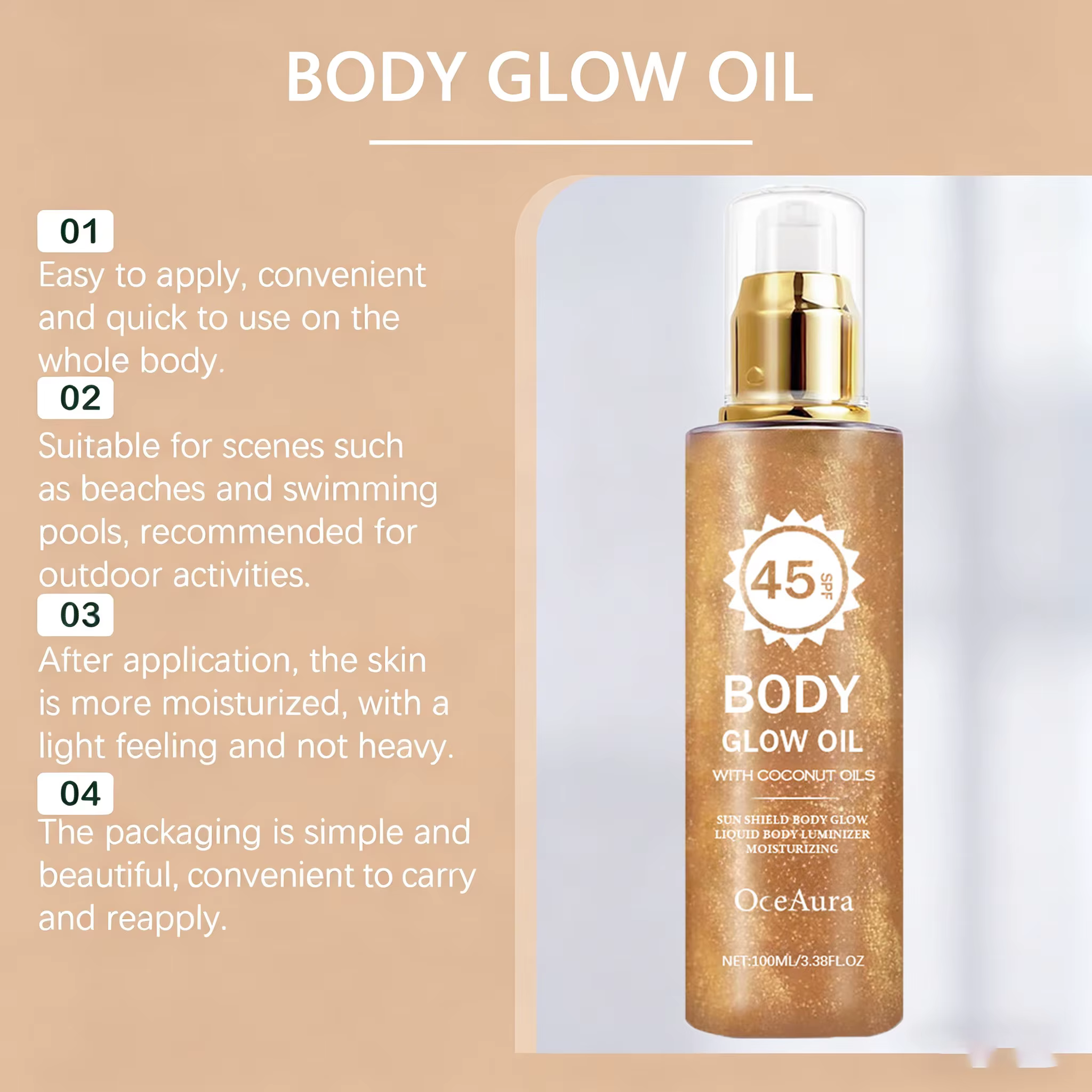 Huile Corporelle Scintillante à la Noix de Coco avec Protection Solaire UV