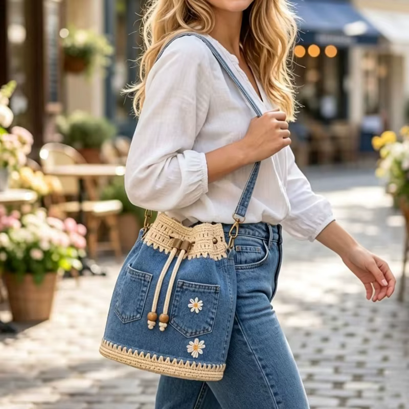 Sac seau en jean au crochet, sac fourre-tout à fleurs au crochet fait main, sac bandoulière à cordon, sac à main tricoté à motifs floraux, sac à bandoulière pour femme pour les vacances