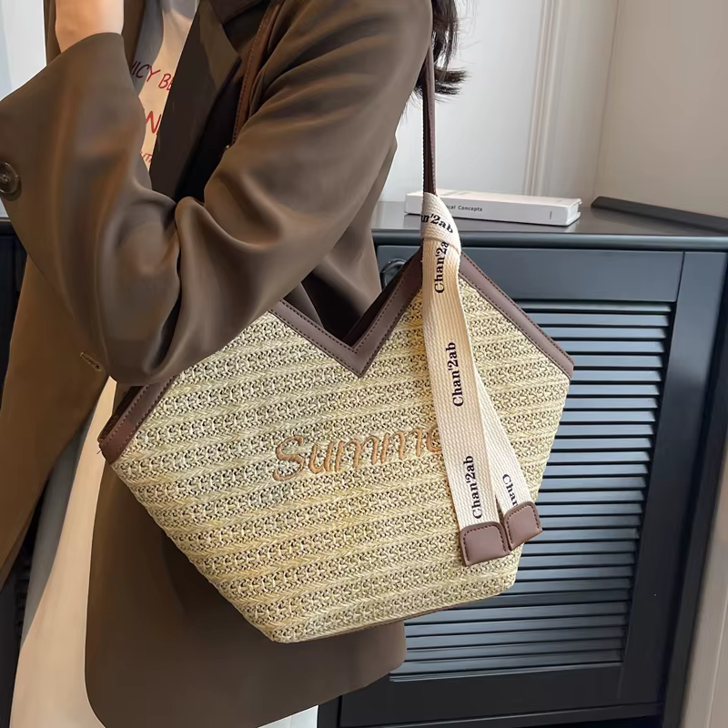 Sac fourre-tout tendance pour l'été - Nouvelle collection 2026, élégant sac en paille tressé à la main avec un grand espace de rangement pour femmes