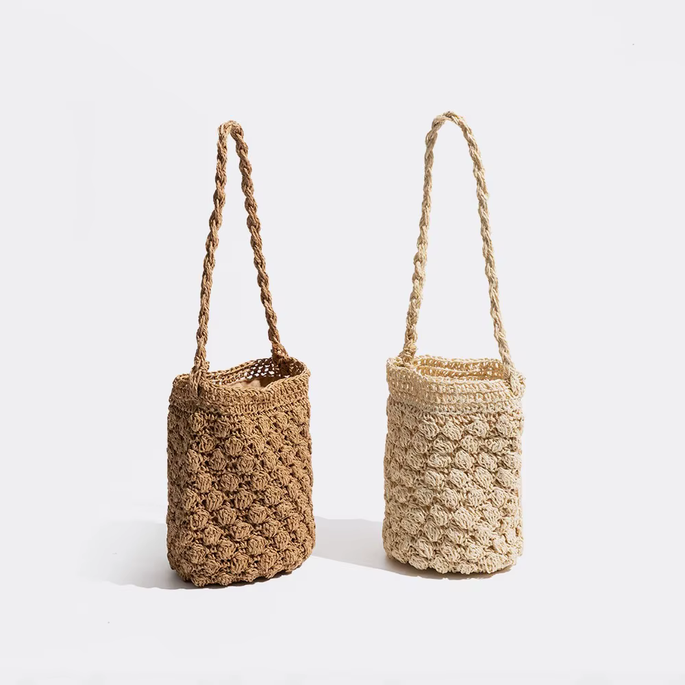 Sac tissé à la main en paille pour femmes – Mini sac tissé en herbe fait à la main, sacs à main à cordon en forme de seau