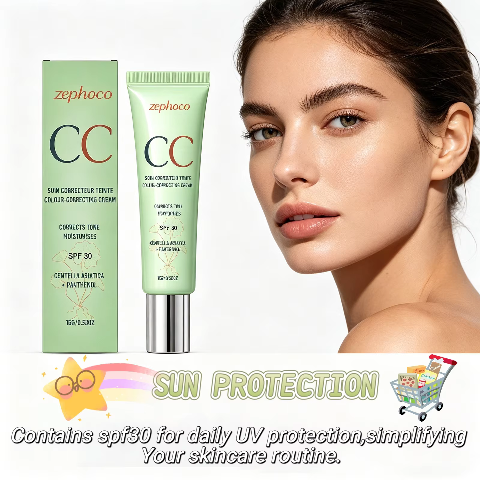 Crème Correctrice de Couleur Zephoco SPF 30 Protection Solaire Anti-UV Couvrance Rougeurs et Imperfections Imperméable Centella CC Cream Fond de Teint 15g