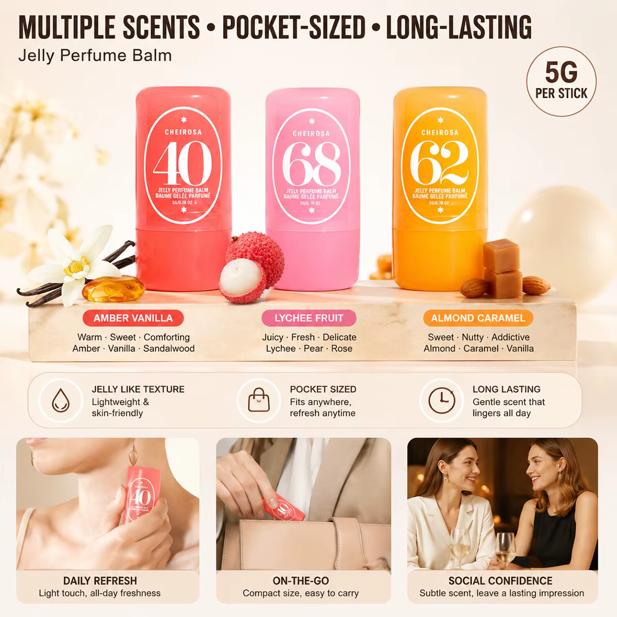 Baume Parfumé Solide Jelly 3 Senteurs 40 Ambre Vanille 62 Amande Caramel 68 Litchi Fruité Longue Durée Portable