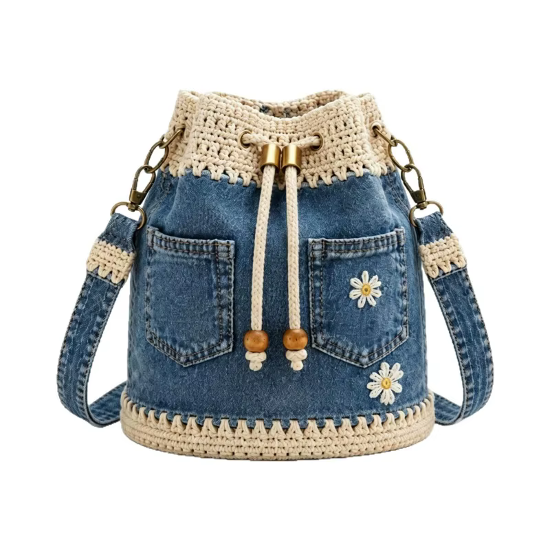 Sac seau en jean au crochet, sac fourre-tout à fleurs au crochet fait main, sac bandoulière à cordon, sac à main tricoté à motifs floraux, sac à bandoulière pour femme pour les vacances