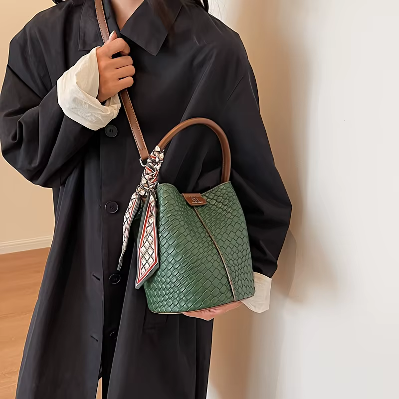 Sac seau tendance pour femme, sac à main élégant de couleur unie à effet tissé, sac à bandoulière et sac porté croisé, peut être porté à la main