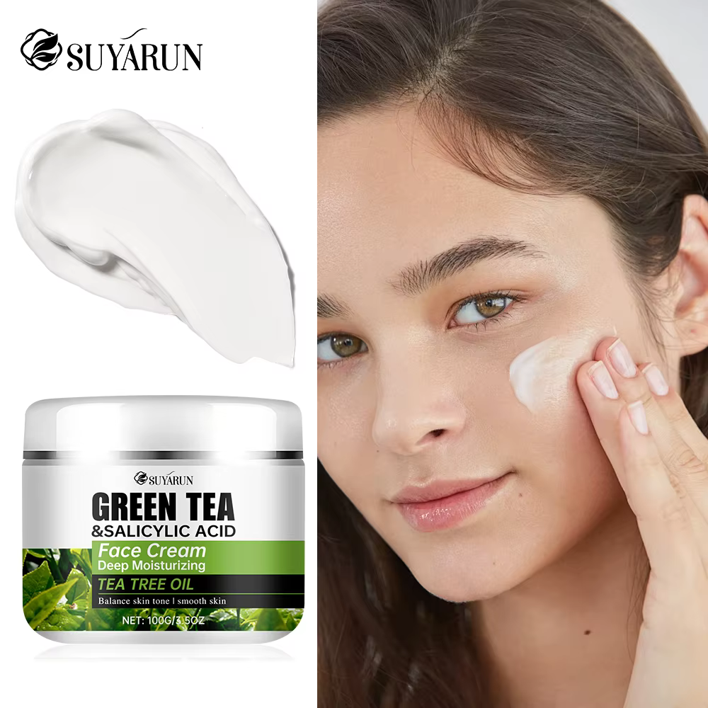 SUYARUN Crème pour le visage à l'huile d'arbre à thé et à l'acide salicylique au thé vert - Traitement de l'acné