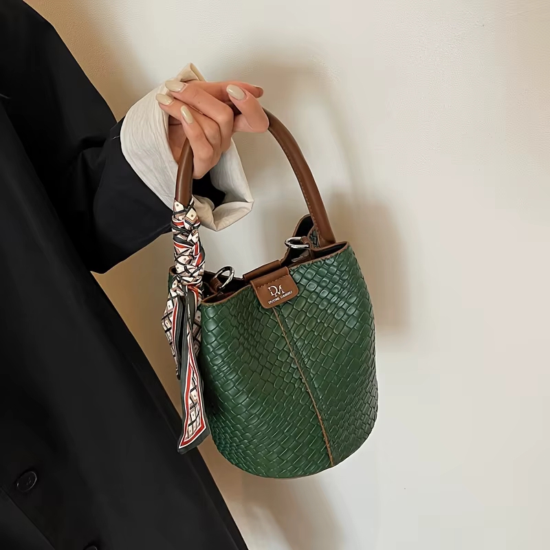 Sac seau à la mode pour femmes, sac à main élégant effet tissé de couleur unie, sac à bandoulière et sac à bandoulière, peut être porté à la main