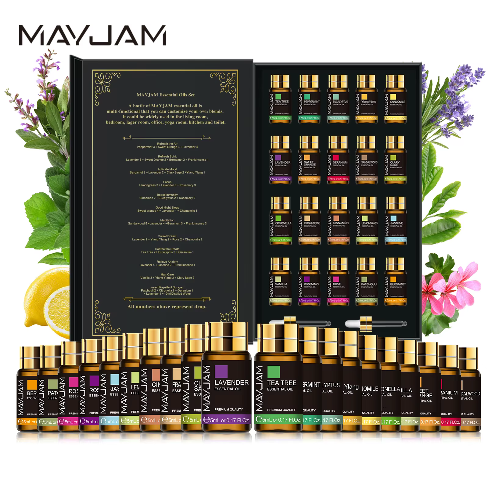 20 pièces Kits boîte-cadeau huile essentielle pour diffuseur pur naturel extrait de plante encens vanille citron menthe