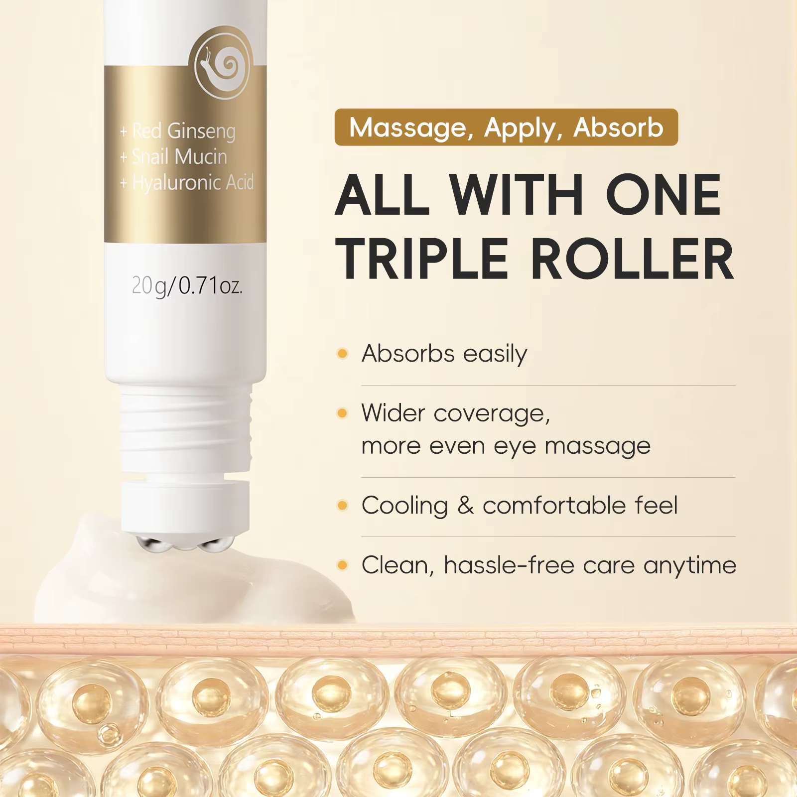 Crème pour les yeux à l'escargot LAIKOU Corée 20g Triple applicateur Hydratation intense Absorption facile Massage