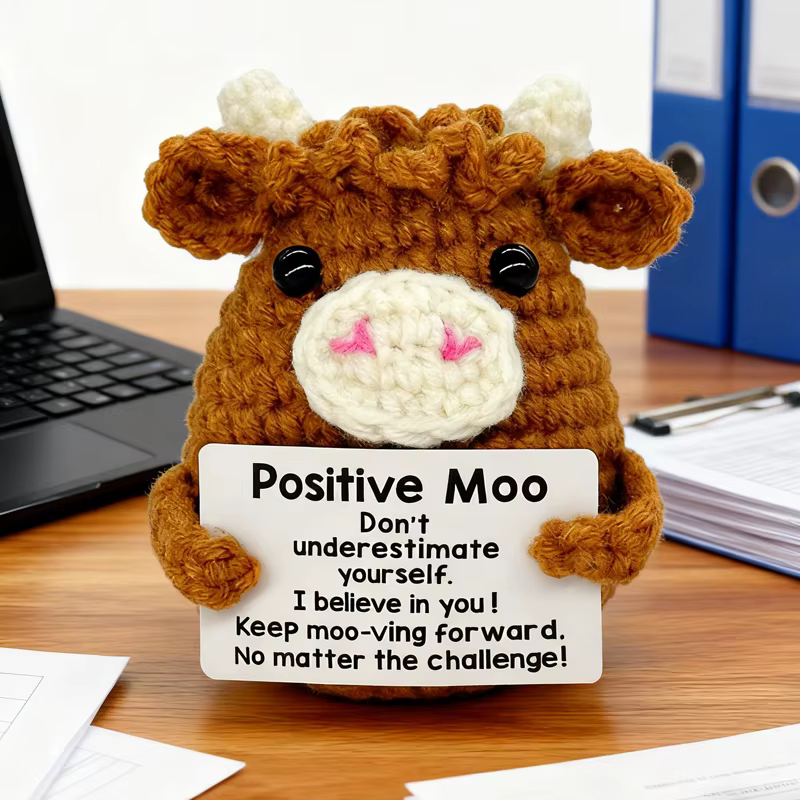 Cadeaux pour Lui, Elle, Petit Ami, Petite Amie : Décorations de Bureau Émotionnelles en Crochet Fait Main, Vache Mignonne Positive, pour Anniversaire et Noël