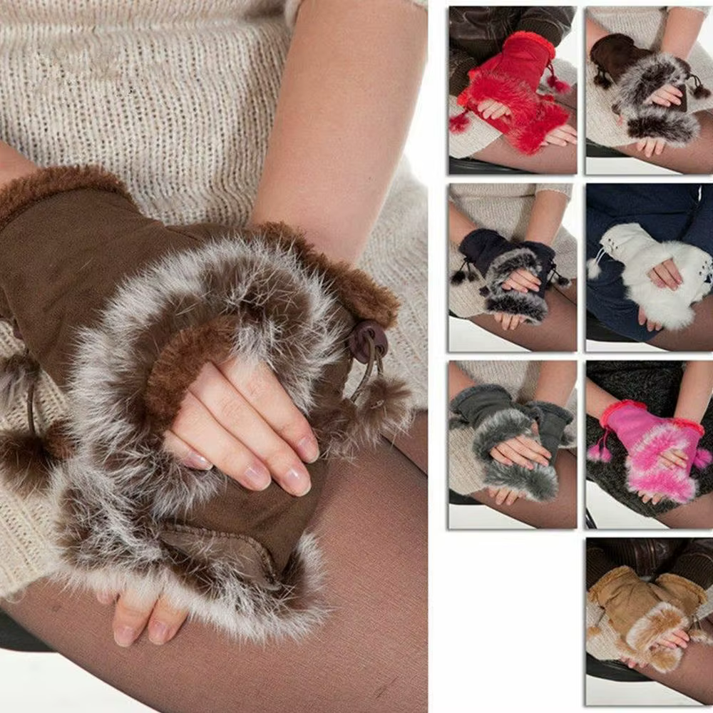 Gants en fourrure de lapin sans doigts pour femme, souples, colorés, doux, à la mode, pour l'hiver