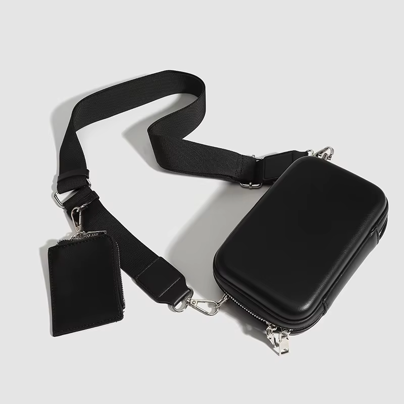 Sac à bandoulière rigide unisexe, sac à bandoulière noir, mode décontractée, évaluation de voyage, passeport et portefeuille
