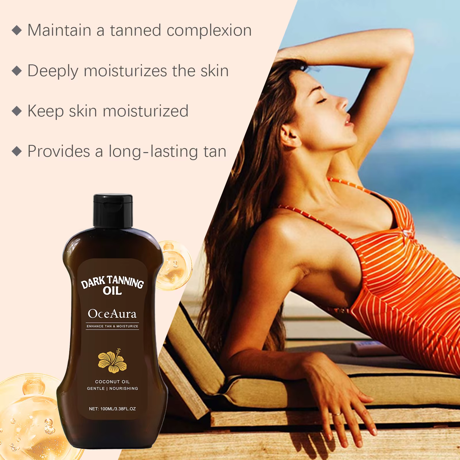 Huile de Bronzage Coco Effet Bronze Intense Naturel Longue Durée Imperméable Hydratante Lissante Pour Plage et Extérieur Auto-Bronzante