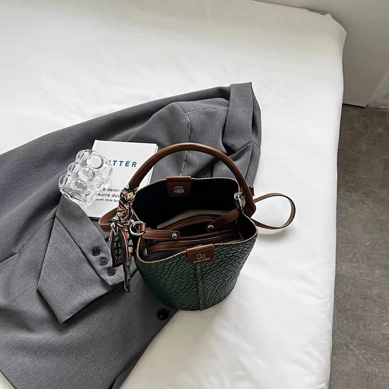 Sac seau à la mode pour femmes, sac à main élégant effet tissé de couleur unie, sac à bandoulière et sac à bandoulière, peut être porté à la main