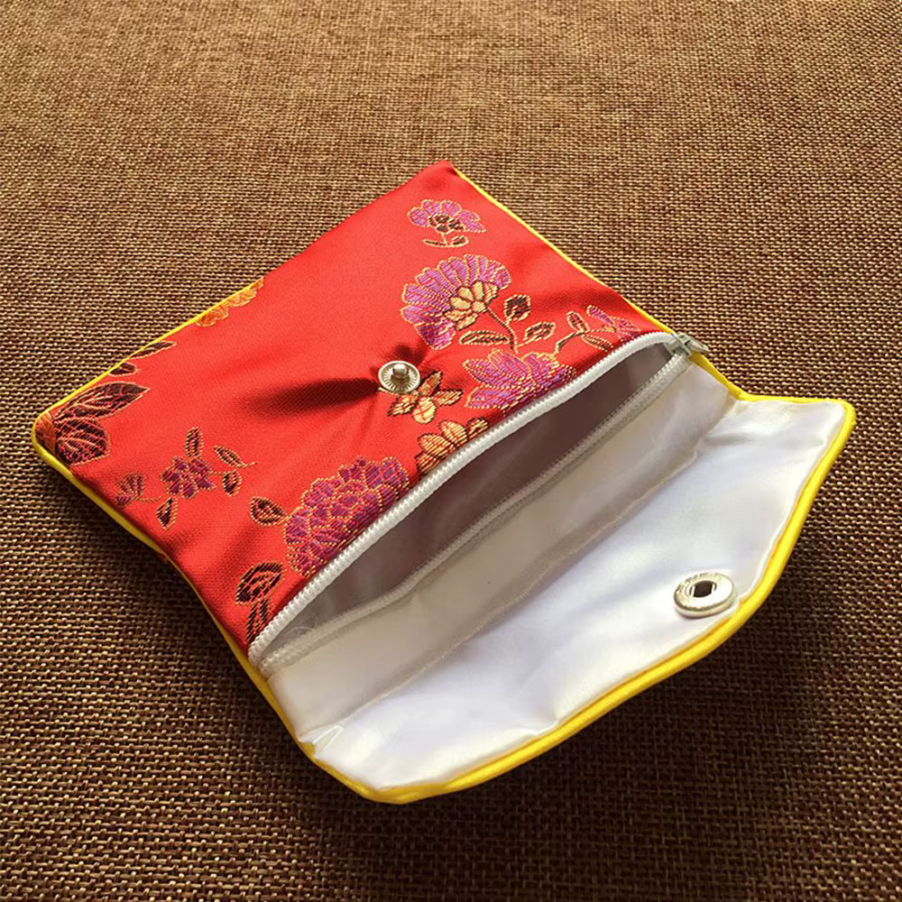 Sac à bijoux en brocart chinois brodé de soie, fait main, avec fermeture à bouton-pression, pour rangement de bijoux, colliers et portefeuilles