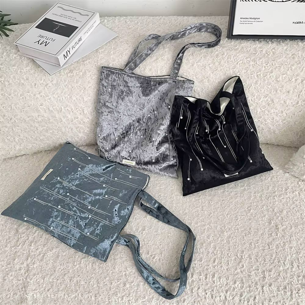Grand sac fourre-tout en velours pour filles, grand sac à bandoulière réutilisable pour femmes et filles, sacs de beauté pour livres de Shopping, usage quotidien