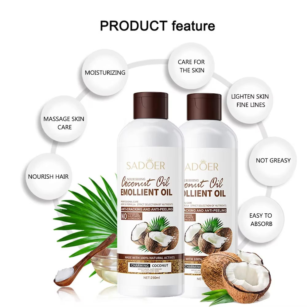 250ml noix de coco apaiser la peau sèche éclaircir les ridules huile de Massage du visage nourrir les cheveux élimine