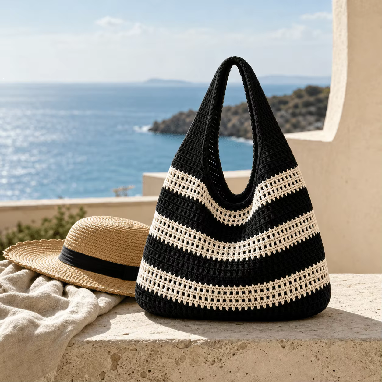 Sac à main en crochet pour femme, style rétro, fait main, rayé, décoratif, à bandoulière, grande capacité