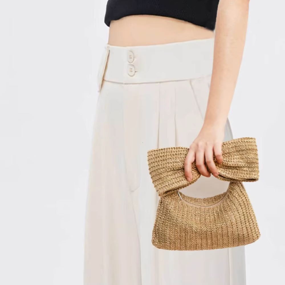 Sac à main chic en paille avec nœud pour femme – Design élégant d'été, pochette tressée, joli sac à main idéal pour le quotidien, les fêtes, les vacances et les voyages