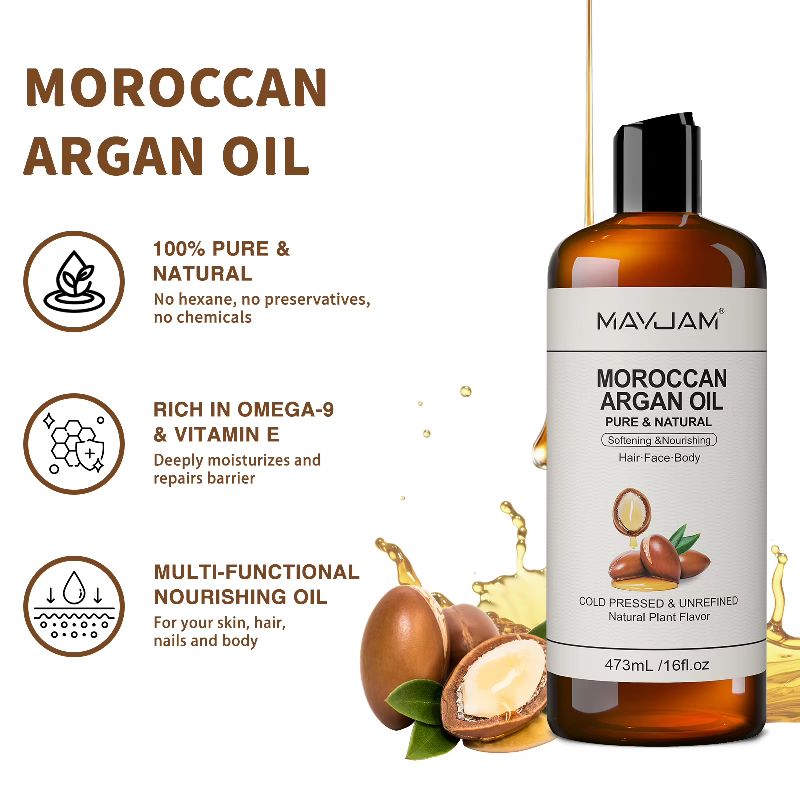 Huile d'Argan Marocaine Pure et Naturelle MAYJAM pour Massage du Visage