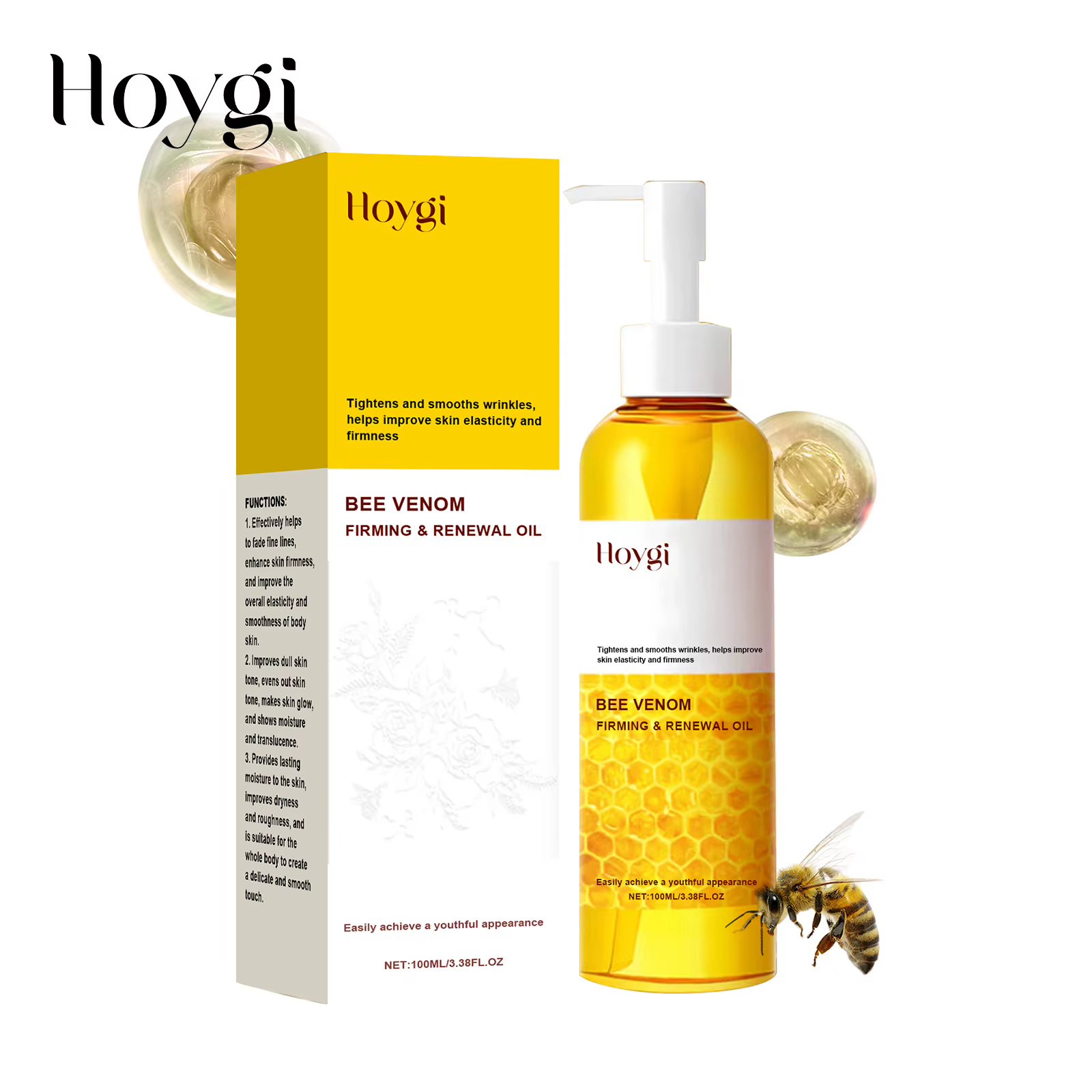 Hoygi Huile corporelle raffermissante au venin d'abeille avec stimulation du collagène 24 heures d'hydratation et absorption rapide pour la peau affaissement et les vergetures
