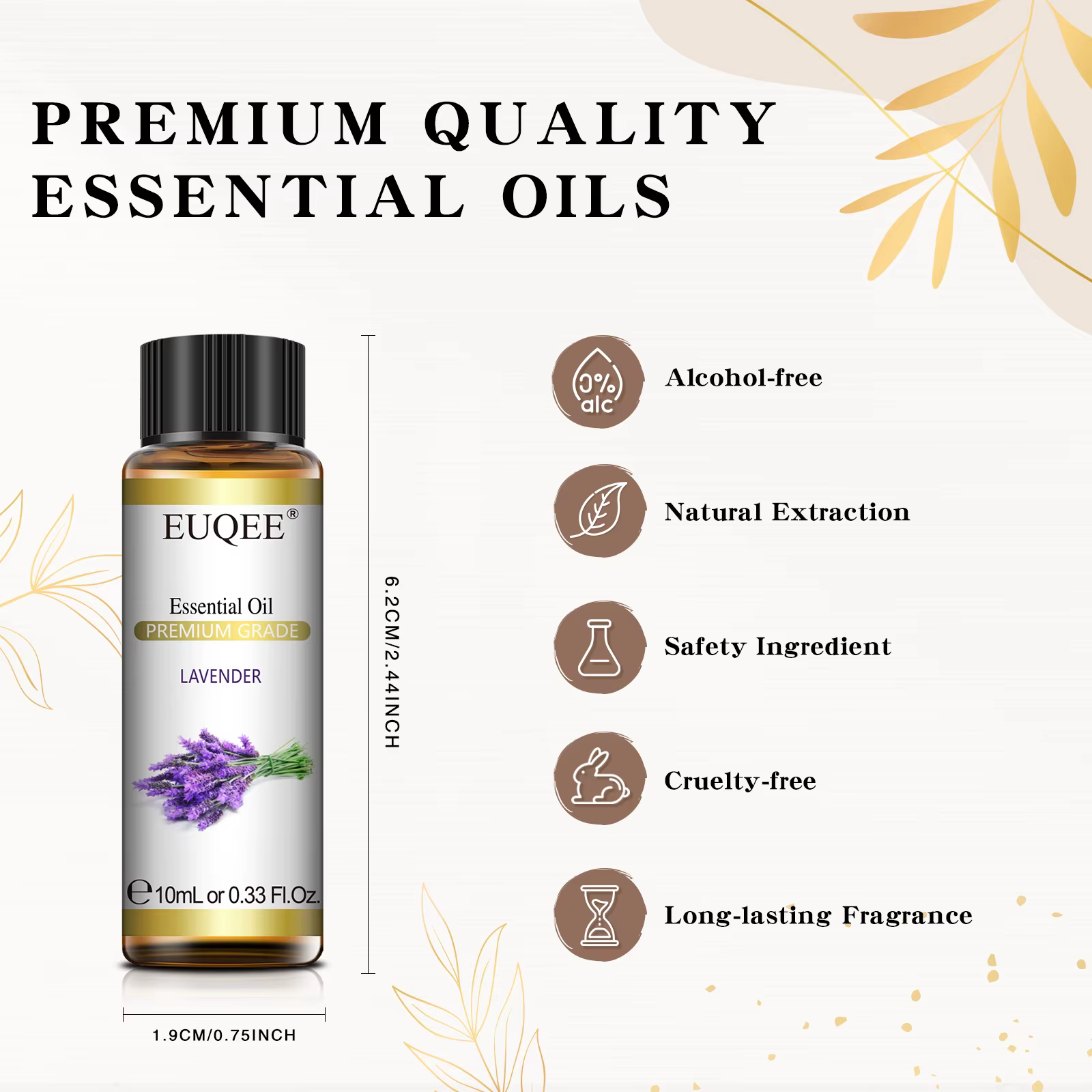 EUQEE 10ml Huile Essentielle Naturelle Pure Lavande Jasmin Eucalyptus Vanille Bois de Sandal Orange Citron Oregano Rose