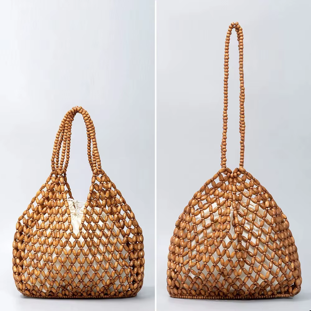 Sac à main tissé à la main avec perles pour femmes, sac à bandoulière exquis en perles de bois ajourées, sac de plage féminin