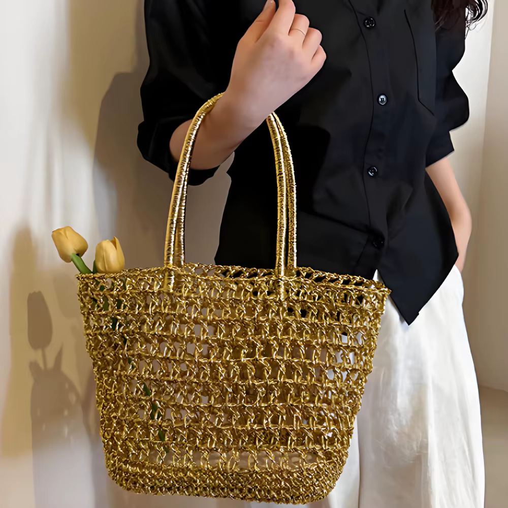 Sac cabas doré tressé à l'épaule, sac fourre-tout décontracté chic pour femme, idéal pour la plage, les vacances et les trajets quotidiens, sac à main coréen type seau