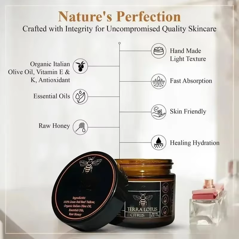 Crème hydratante au miel cru et au bœuf biologique nourri à l'herbe pour une peau douce et lisse