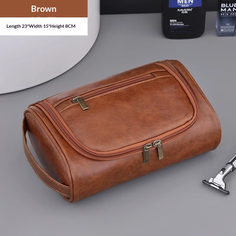 Sac de lavage en cuir pour hommes, grande capacité, voyage d'affaires, sac à cosmétiques Portable, conception multi-poches, sac de lavage en cuir portatif LI