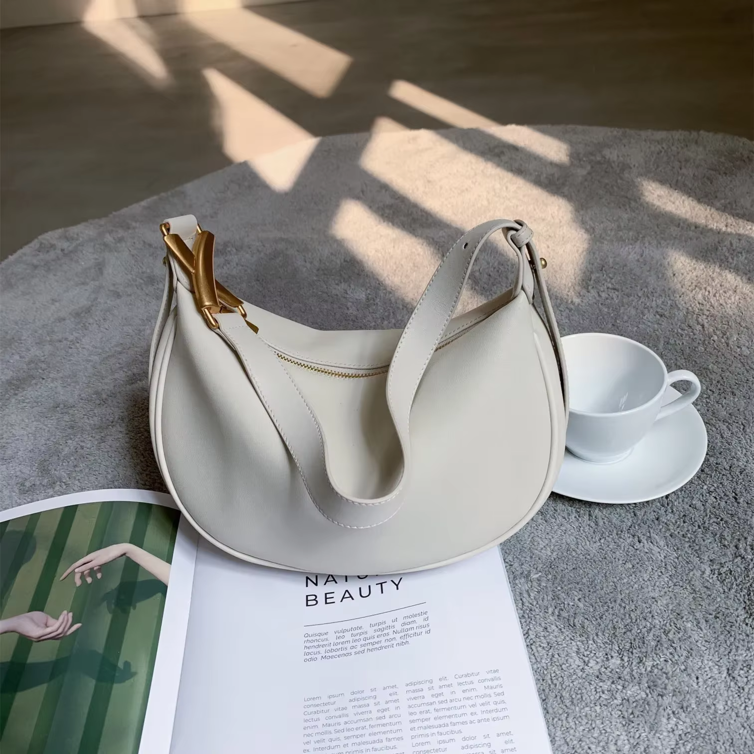Mn Design-Sac à Main Demi-Lune Hobo en Cuir group pour Femme, Fourre-Tout à Poignée Unique, Sac à Main Aisselle, Beige, 2025
