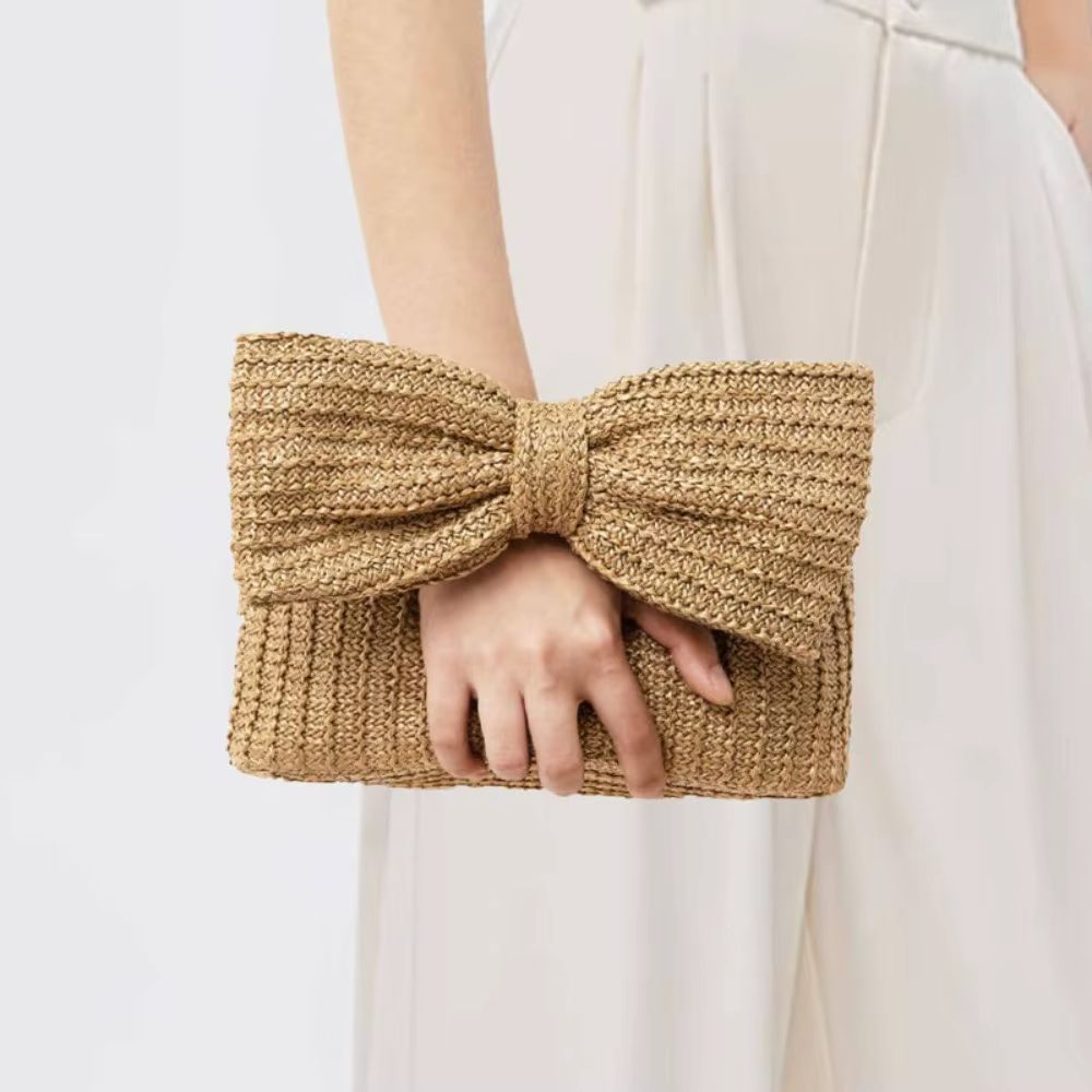 Sac à main chic en paille avec nœud pour femme – Design élégant d'été, pochette tressée, joli sac à main idéal pour le quotidien, les fêtes, les vacances et les voyages