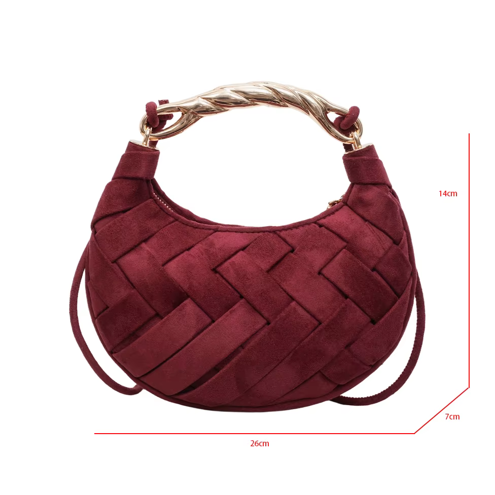 Sac Demi-Lune Rouge Vin, Pochette Tendance pour Femme, Nouveau Sac à Main Tressé de Créateur 2026, Petit Sac Bandoulière Semicirculaire Type Selle, bolsas
