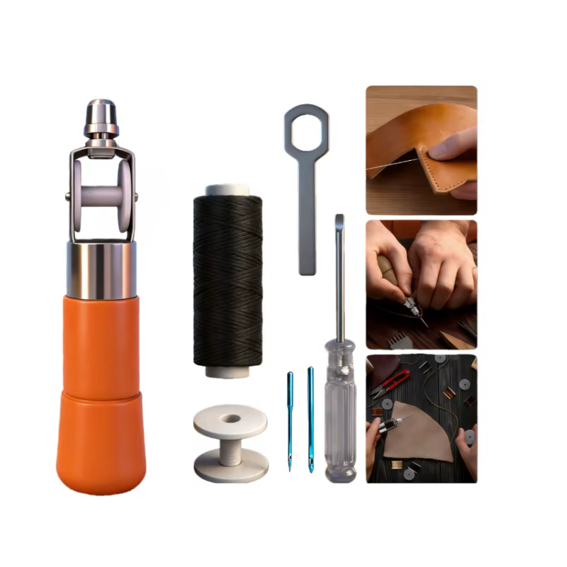 Kit d'outils de maroquinerie avec machine à coudre manuelle à manche en bois pour le bricolage de sacs à clés, baskets et portefeuilles, et outils auxiliaires de couture