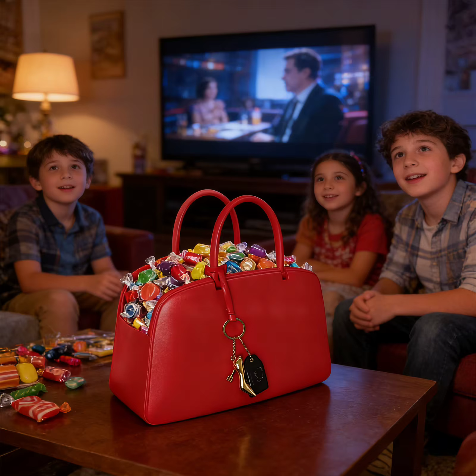 Sac à main rouge en cuir PU pour femme, modèle seau à popcorn avec pendentif, sac fourre-tout pour soirées cinéma et fêtes, idéal pour transporter des bonbons