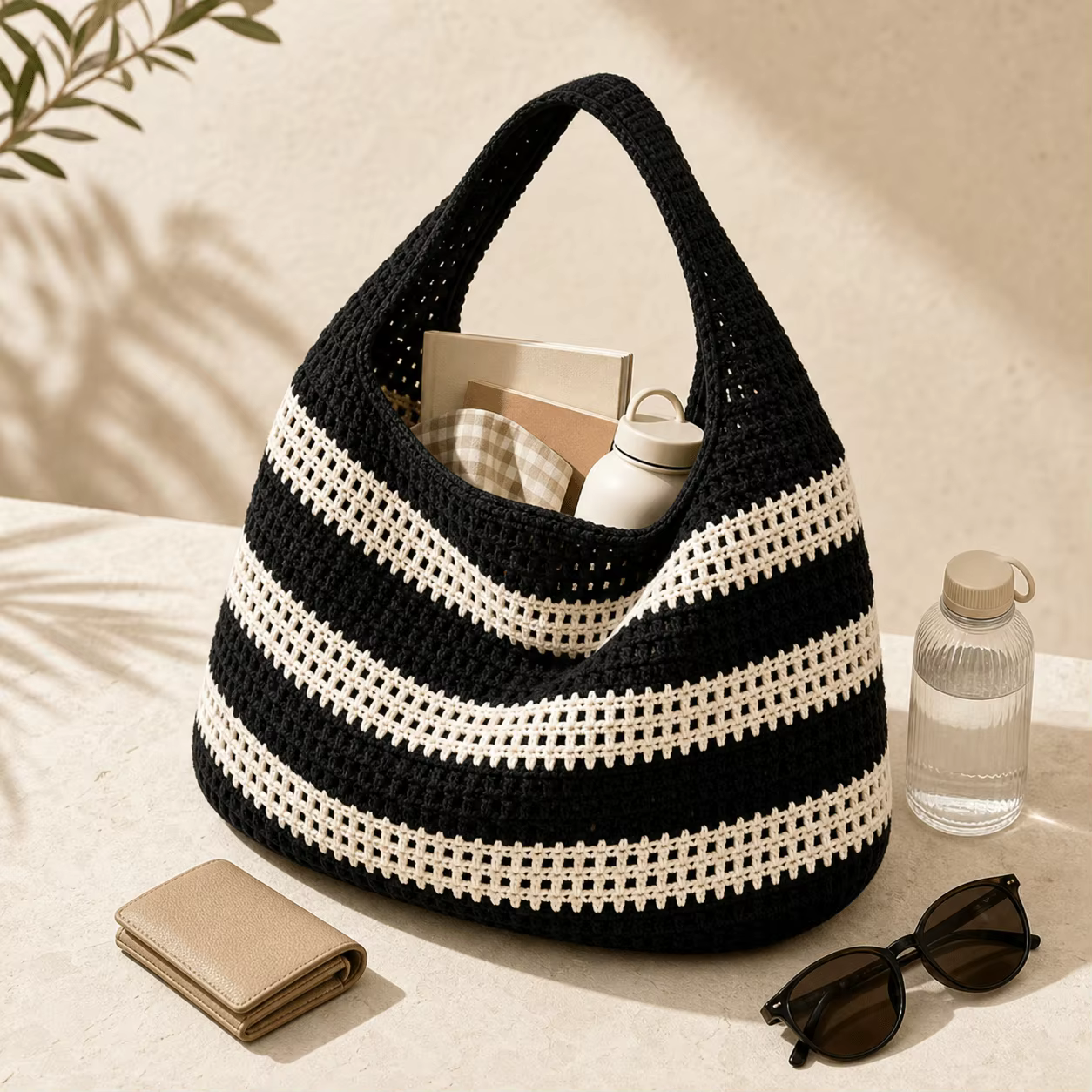 Sac à main en crochet pour femme, style rétro, fait main, rayé, décoratif, à bandoulière, grande capacité