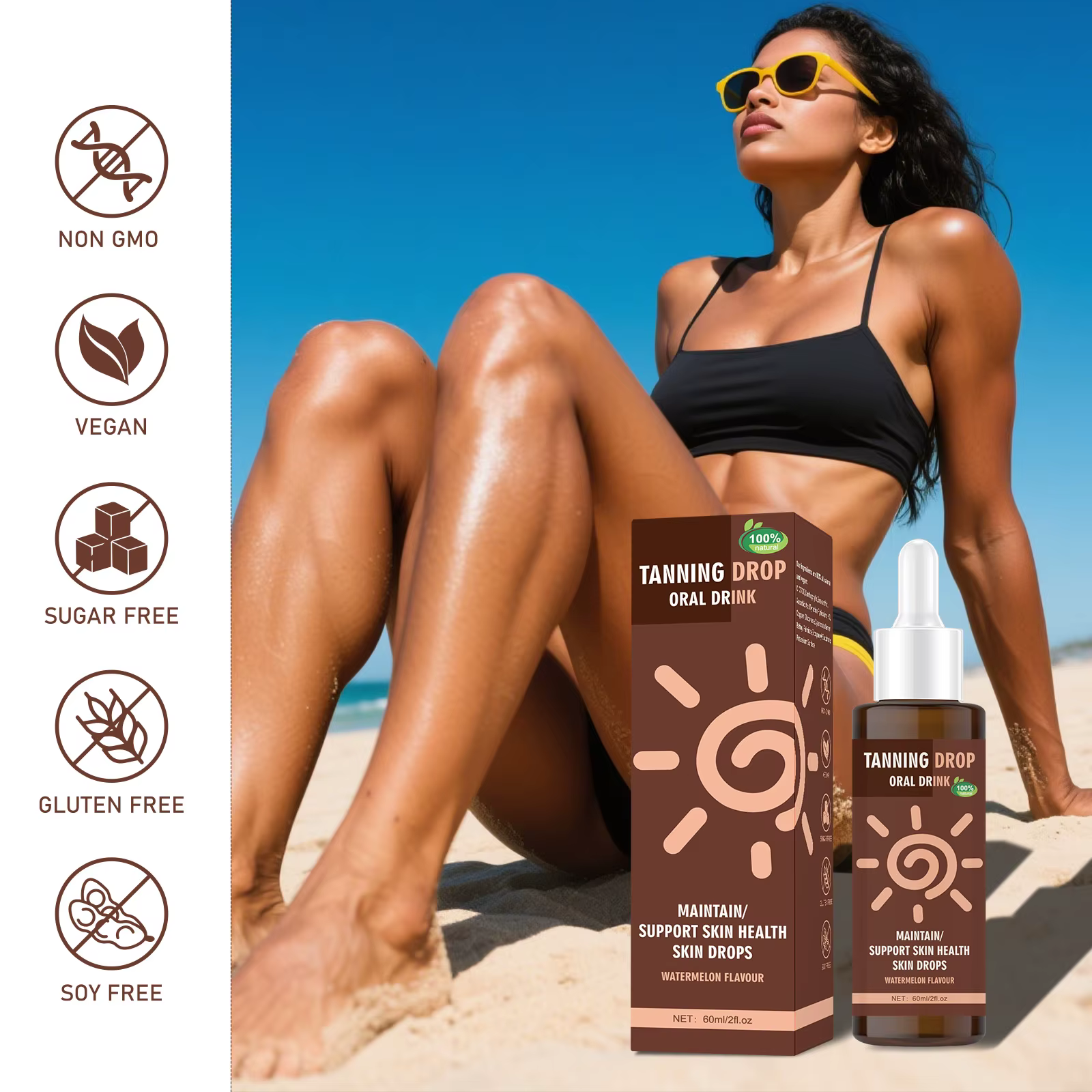 Boisson bronzante végane sans sucre 60ml - Gouttes orales naturelles au goût pastèque