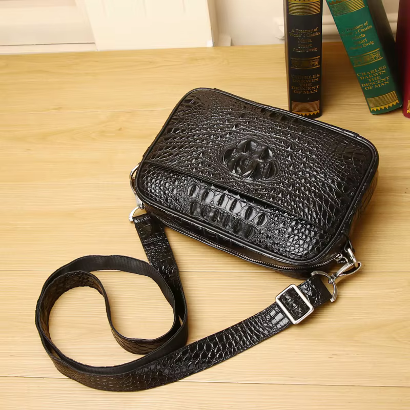 Sac à main en alligator en cuir véritable pour homme, grande capacité, porte-documents d'affaires, sac à bandoulière, sac en peau de cercle véritable, mode