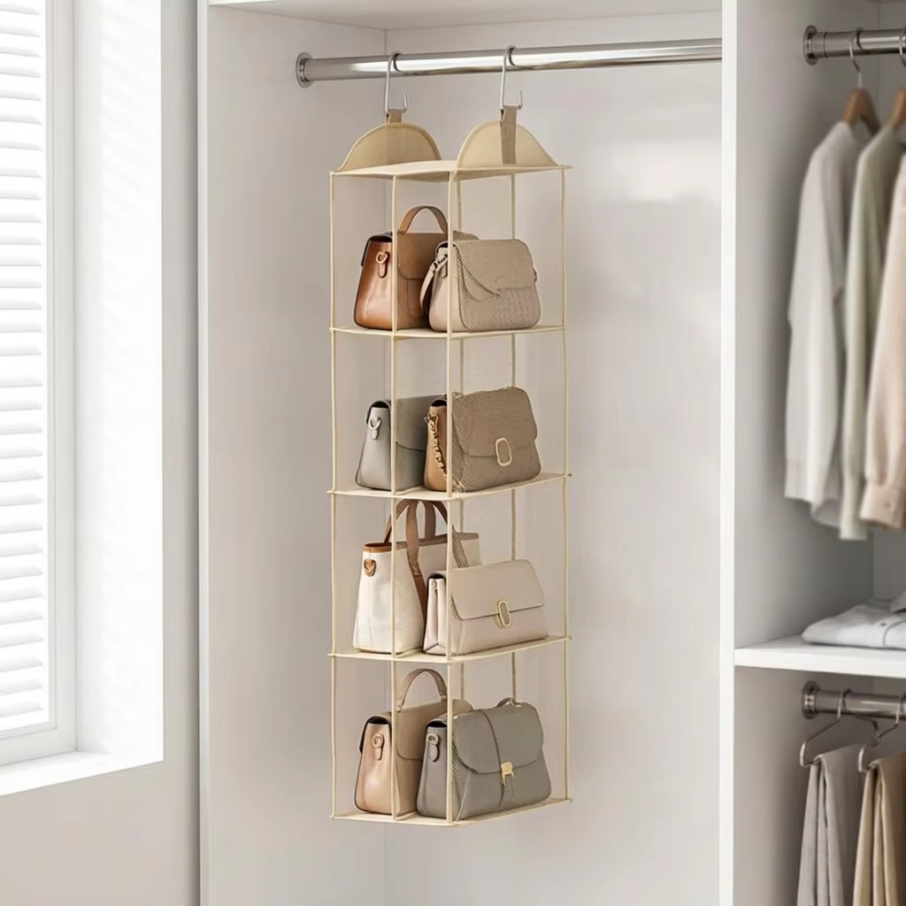 Organisateur de sacs à main pour placard, support suspendu pour sacs à main et pochettes, anti-poussière, multi-niveaux