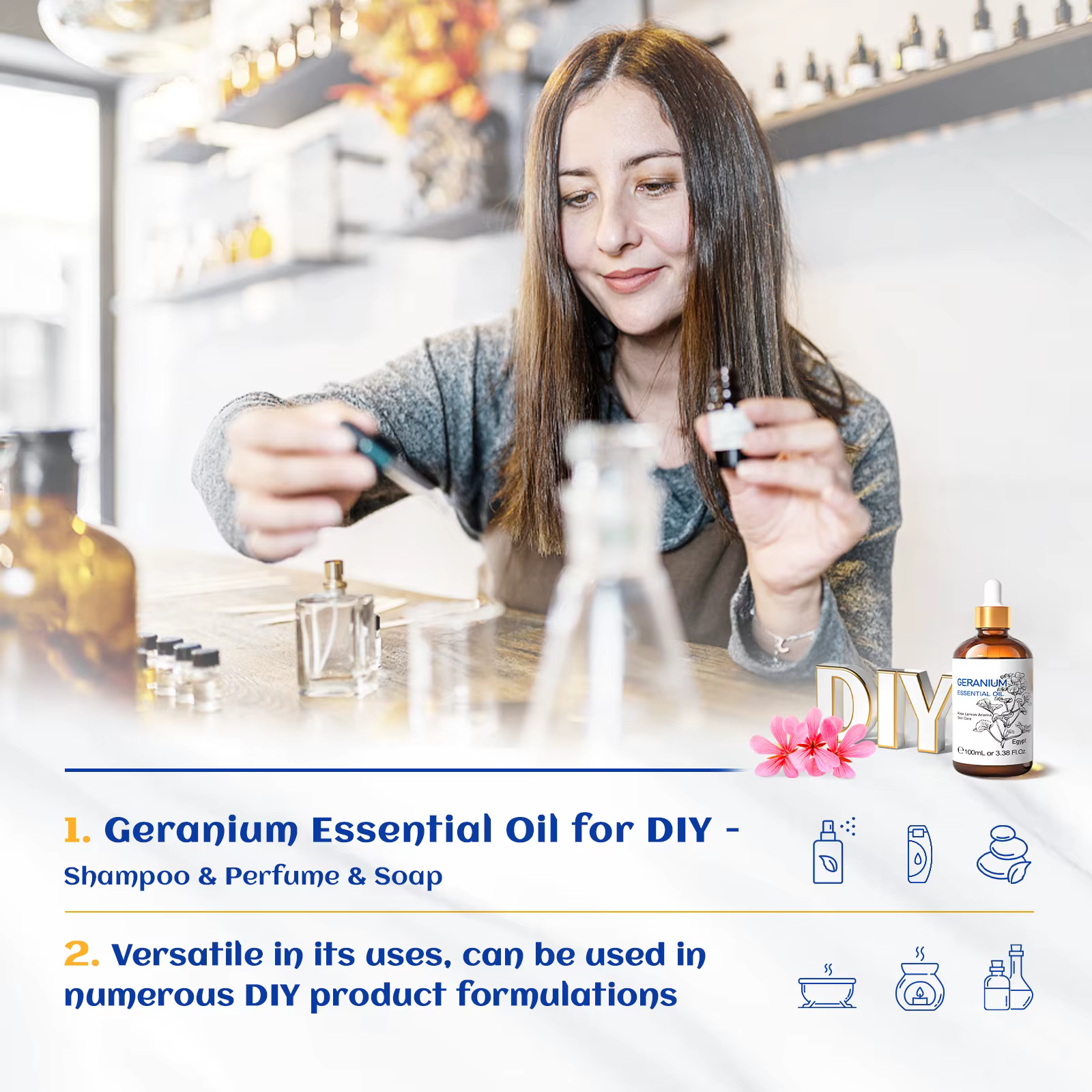 HIQILI huile essentielle de géranium 100% pur naturel Rose hortelle d'eucalyptus Fabrication de bougies diffuseur