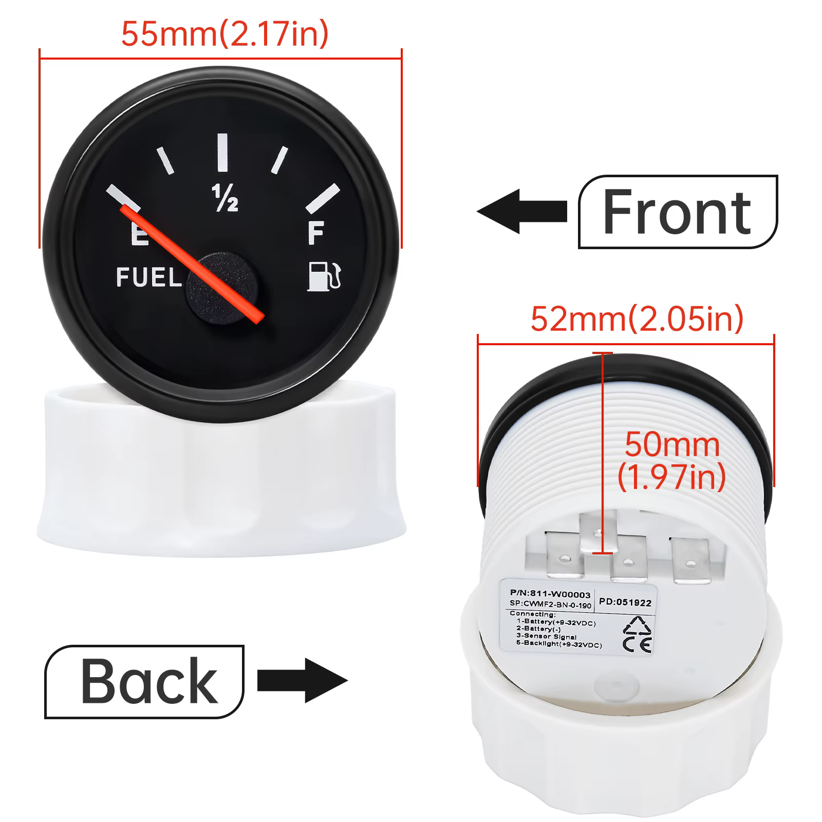 Jauge de niveau d'eau personnalisée 2 "52mm avec lumière rouge 90-0 ohm, indicateur de niveau de carburant, indicateur de niveau de réservoir d'huile pour voiture, bateau, Yacht