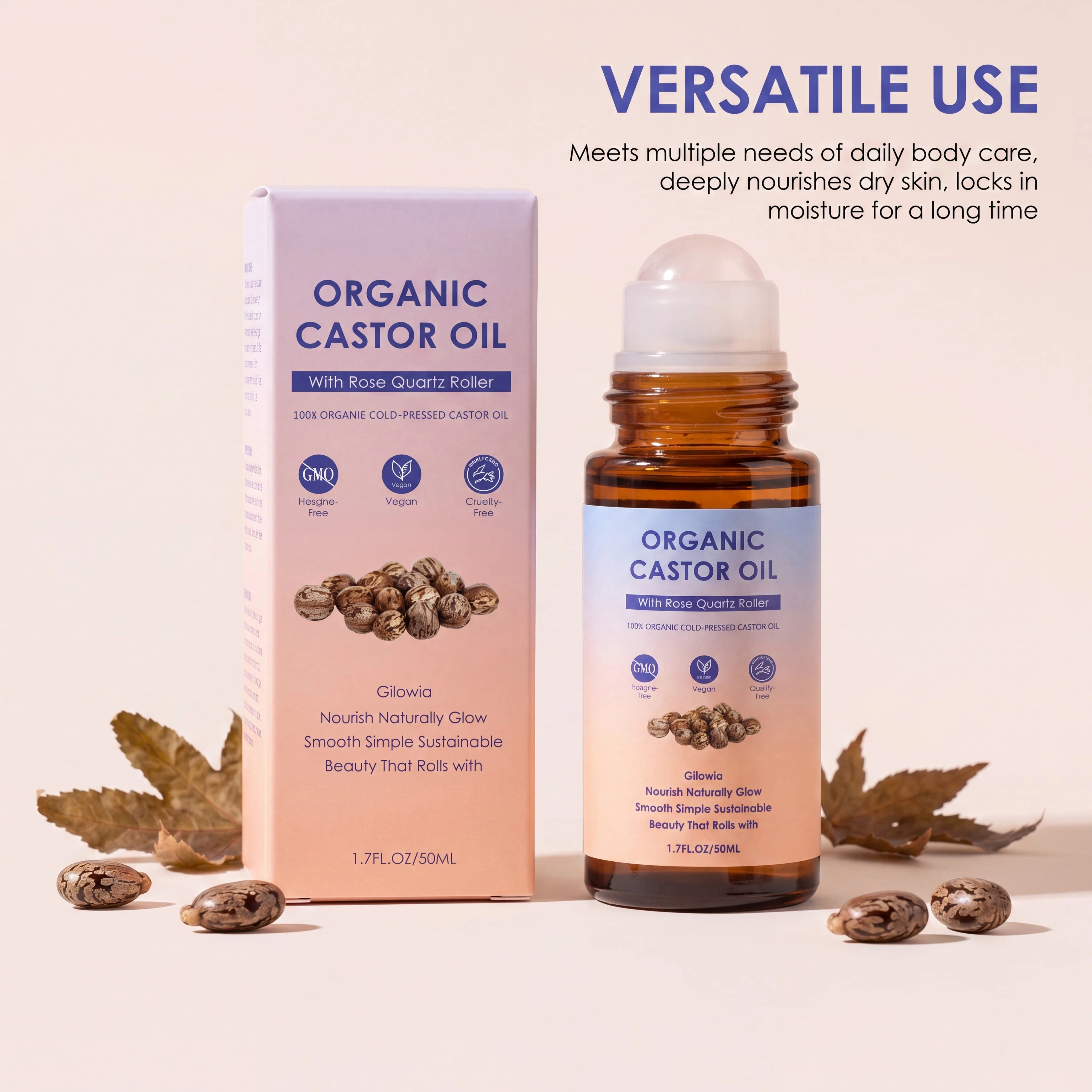 Huile de ricin biologique avec applicateur à bille en quartz rose