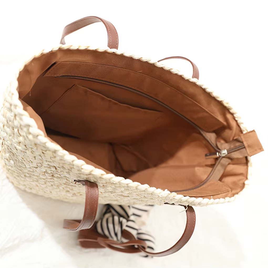 Sac à Main Confortable en Cuir Souple et Paille, Pratique, de Grande Capacité, Comme Montré