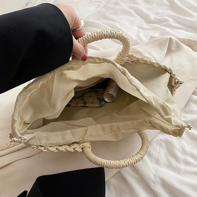 Sacs à main tissés en paille pour femmes, sac de plage de bord de mer de voyage fait à la main, sac seau à poignée d'été, fourre-tout de Shopping, panier Bolsa
