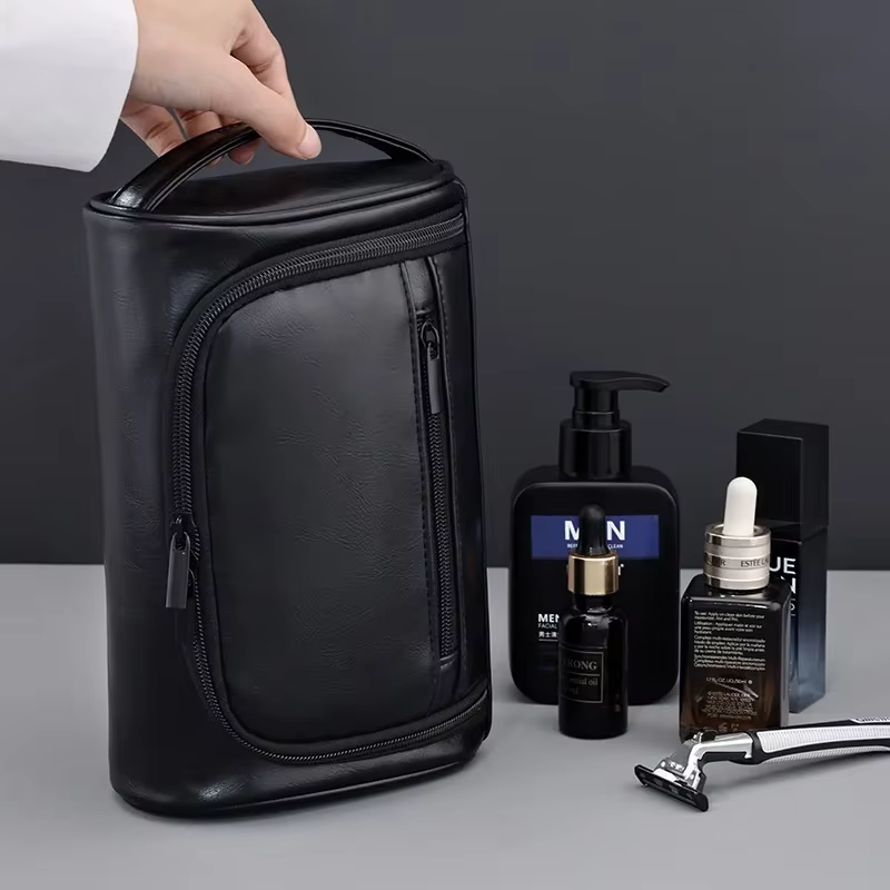 Sac de lavage en cuir pour hommes, grande capacité, voyage d'affaires, sac à cosmétiques Portable, conception multi-poches, sac de lavage en cuir portatif LI
